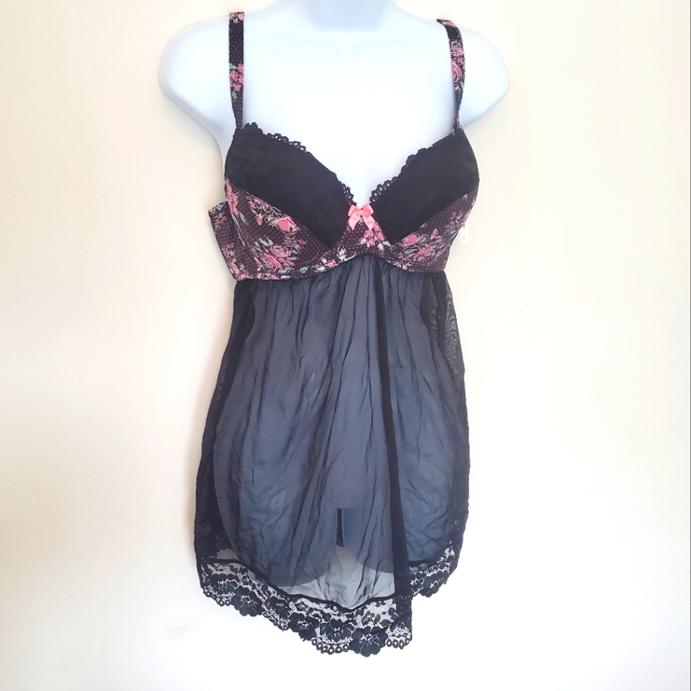 Adore Me NWT black Floral Lace Babydoll 38C